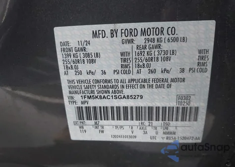 2025 Ford Police Interceptor из США, поврежденный, VIN 1FM5K8AC1SGA85279